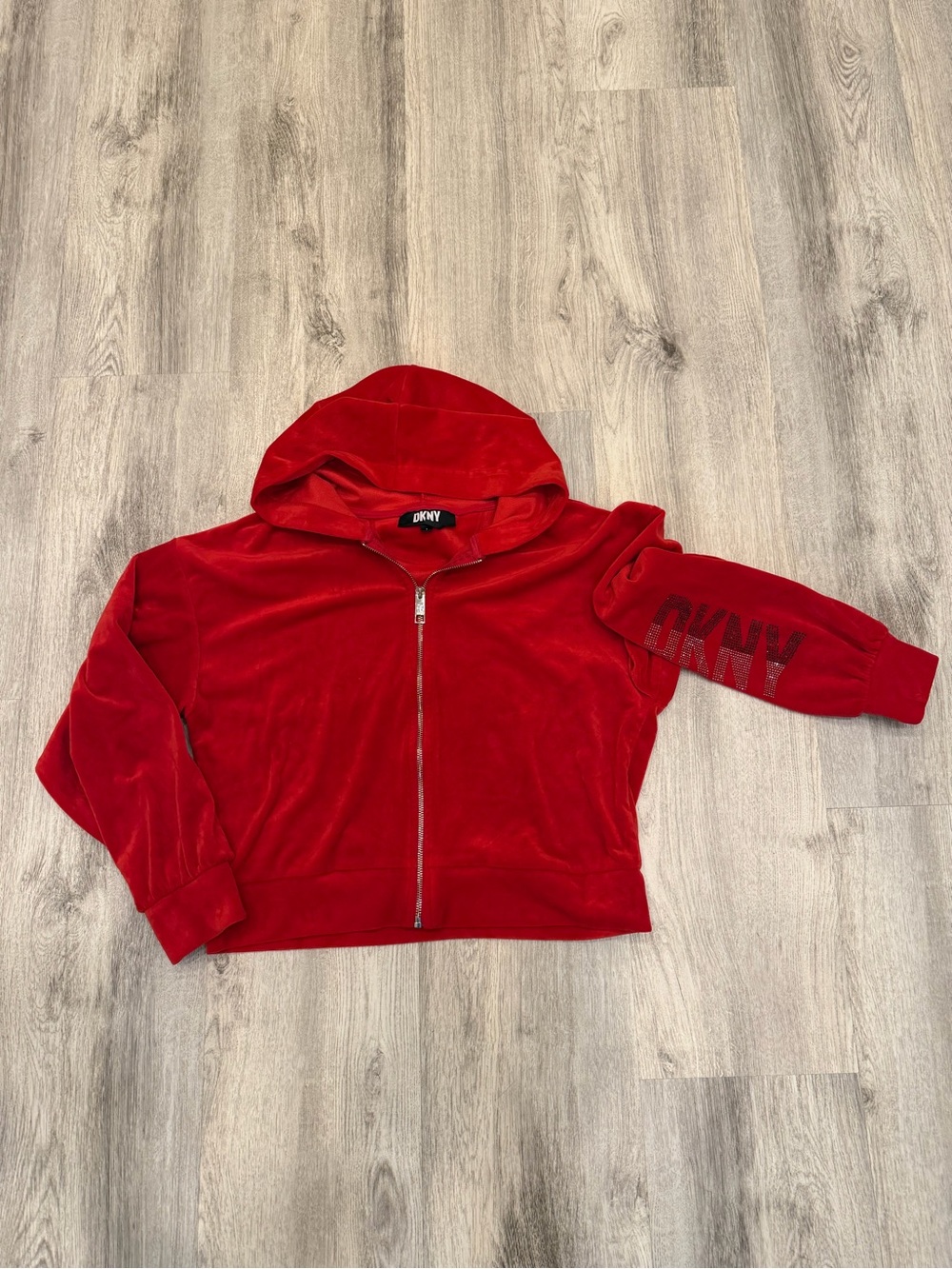 DKNY Red Velour Rhinestone Logo Zip Up Hoodie Small Y2K